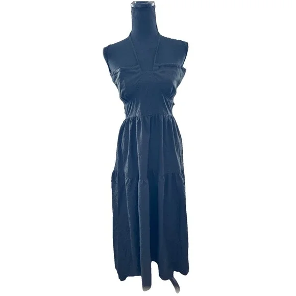 Womens Babydoll Tiered Midi Dress Size L Black Halter Whimsigoth Dark Coquette - Picture 1 of 5